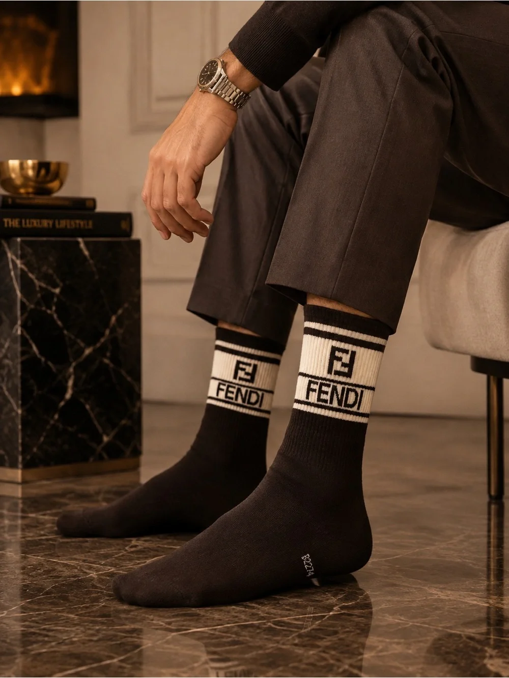 Fendi Brown and Cream Logo Crew Socks